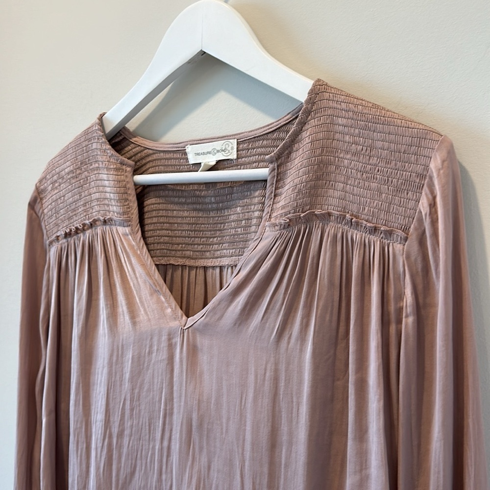 Women’s Smocked Long Sleeve Pink Blouse Ruffle Casual V Neck Date Career Office - Picture 3 of 8
